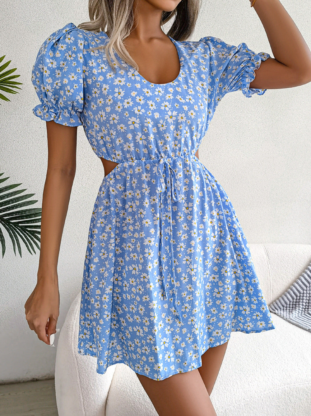 Spring Summer Casual Hollow Out Cutout out Tied Short Sleeve Floral Dress Women Clothing