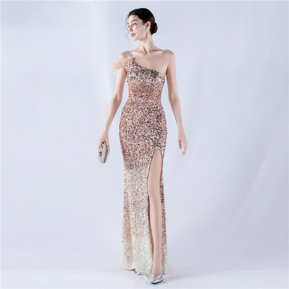 Dress Gradient Velvet Bottom Sequin Craft Order Ostrich Feather One Shoulder Diagonal Collar High Fork Evening Dress Gold