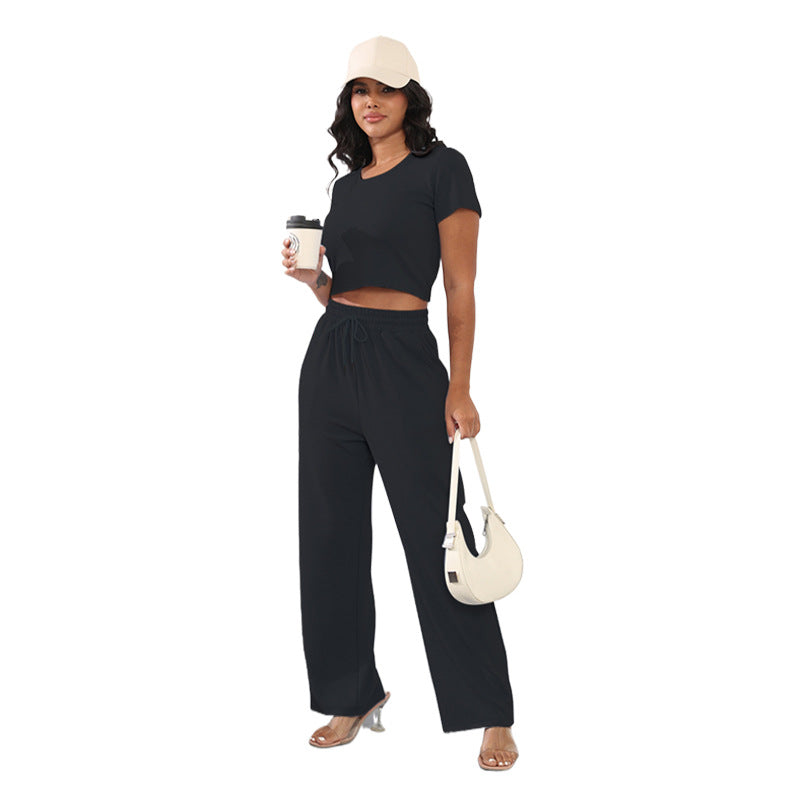 Summer Round Neck Short Sleeved Women Clothing Two Piece Suit Casual Wide Leg Pants Suit Cotton Black