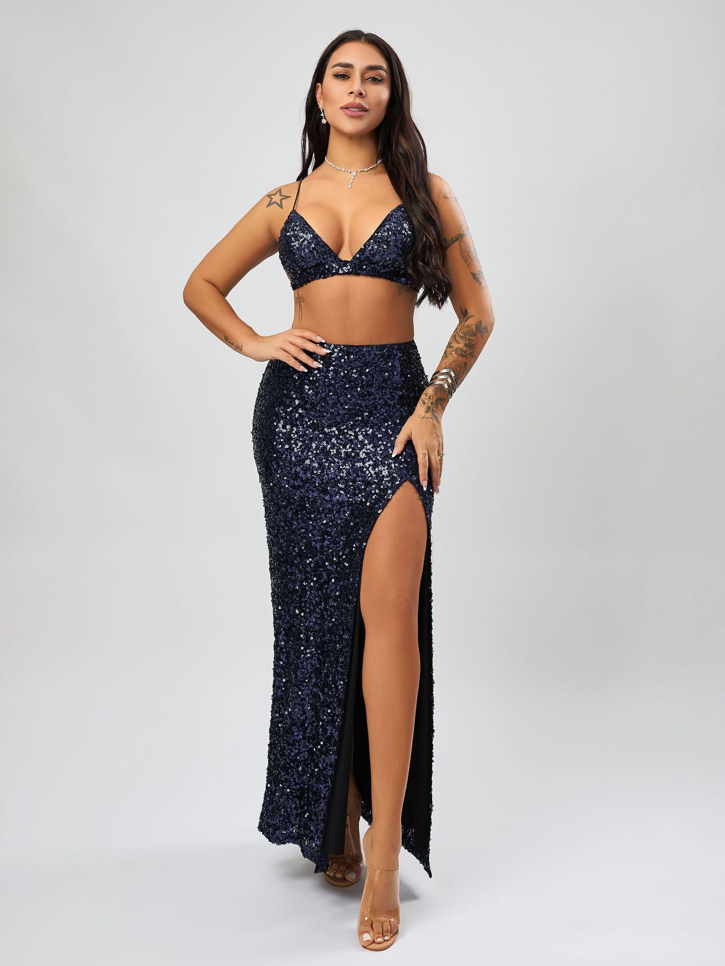 Sexy Sequined Maxi Dress High Grade Women Dress With Chest Pad High Slit Dress Navy Blue