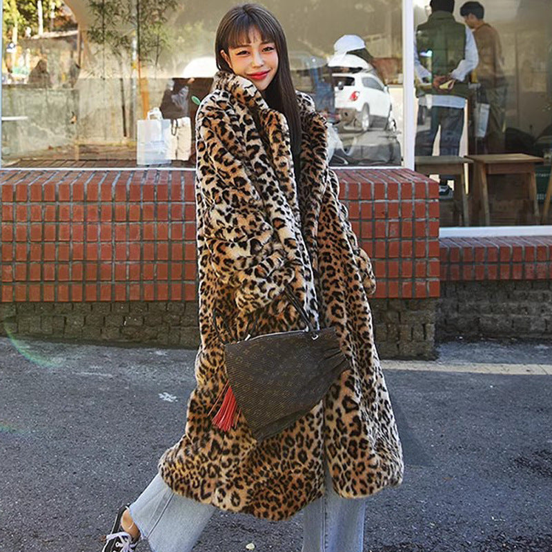 Long Faux Fur Coat Women Leopard Fur Coat Thickened Fleece camel