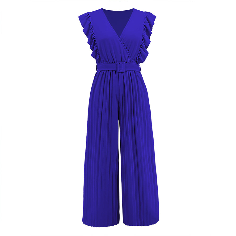 Sexy Slim Jumpsuit High Waist Sleeveless Lotus Leaf V neck Pleated Wide Leg Skort Women Blue