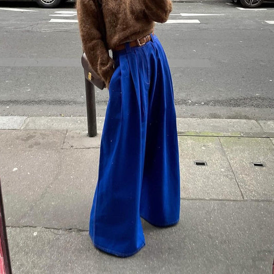 Street Double Pocket Blue Trousers Women Loose Straight Wide Leg Pants