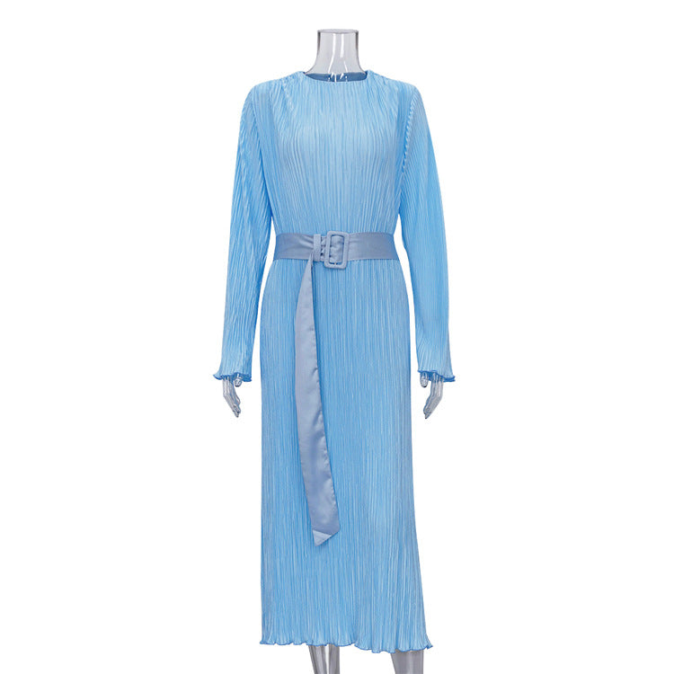 Women Long Sleeved Belt Pleated Dress Office High Sense Loose Maxi Dress skyblue