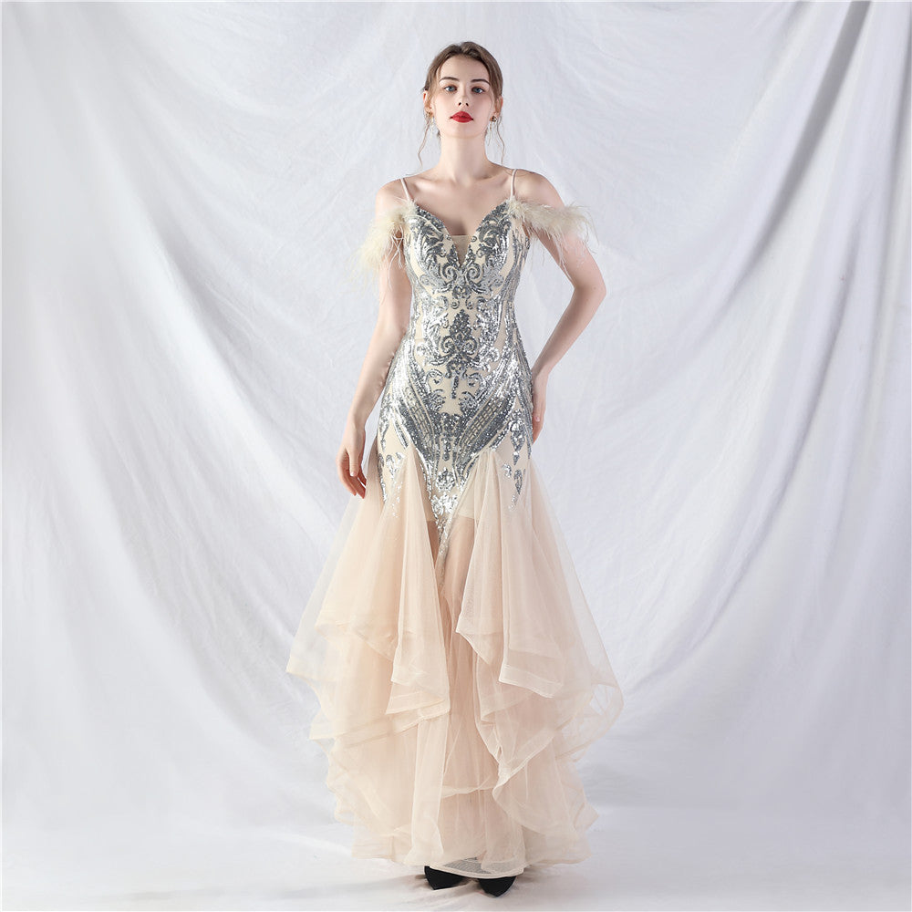 Craft Order Ostrich Feather Hard Mesh Positioning Floral Sequin Stitching Mesh Dance Performance Dress Apricot silver