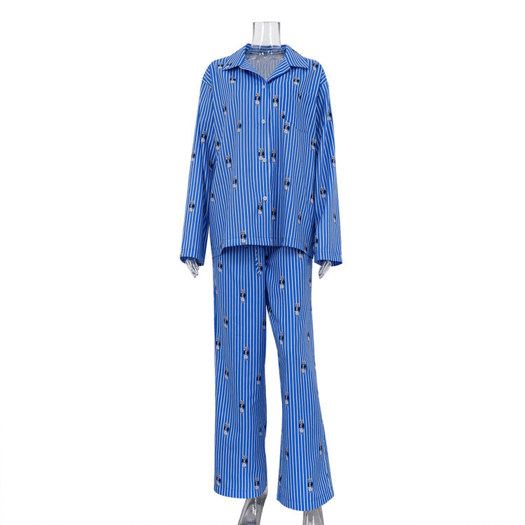 Women Cartoon Printed Suit Spring Summer Loose Shirt High Waist Trousers Two Piece Suit Women Blue