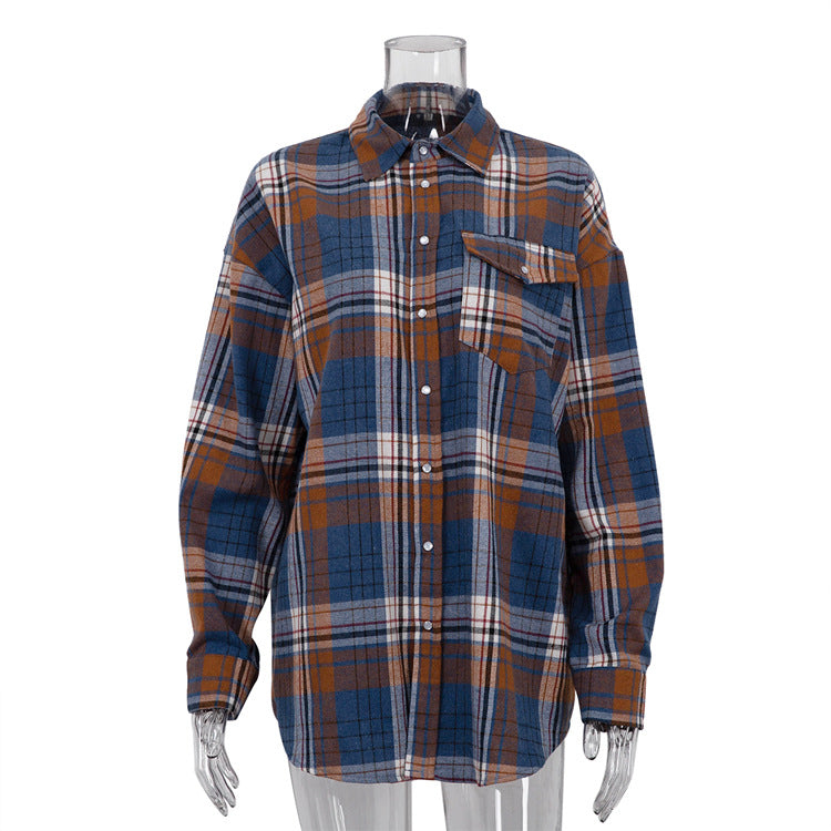 Women Wear Autumn Plaid Long Sleeved Shirt Women Casual All Matching Loose Plaid Shirt Blue