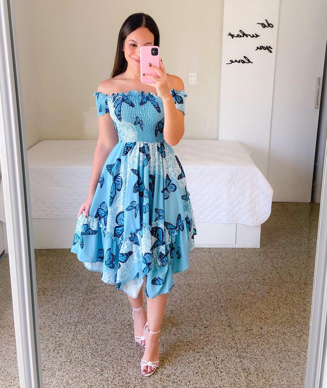 Off Shoulder Collar Asymmetric Short Sleeve Printing Dress skyblue