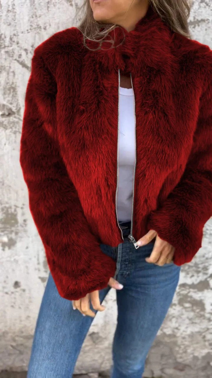 Women Clothing Women Autumn Winter Faux Fur Turtleneck Zipper Casual Top Coat Red