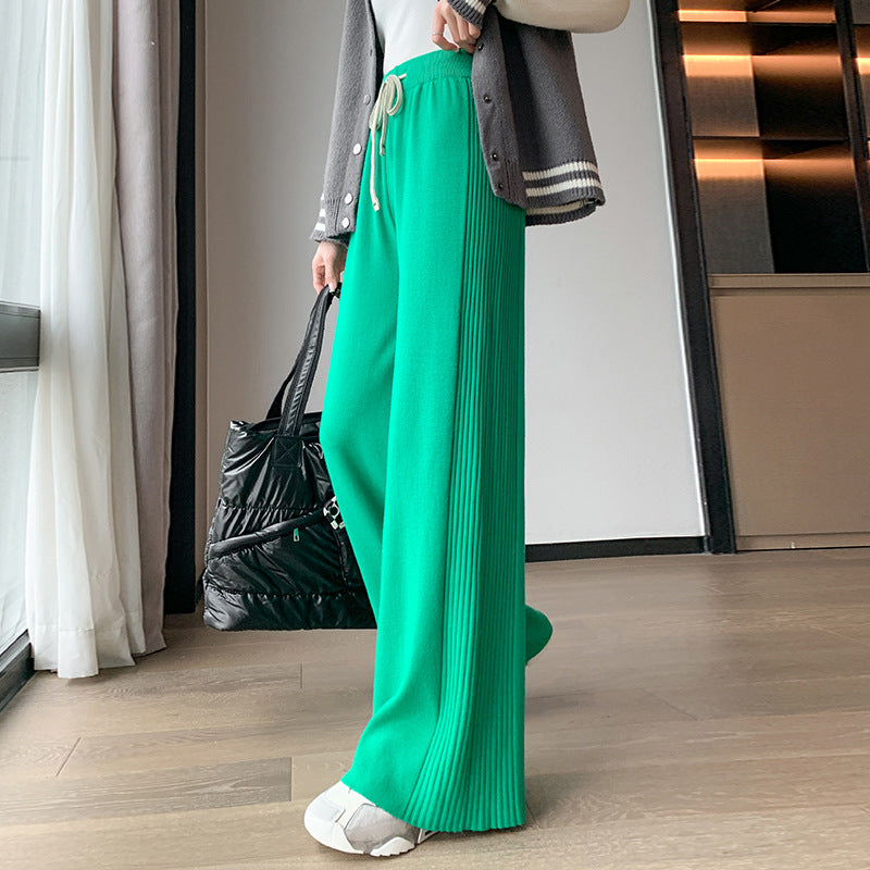 Knitted Wide Leg Pants Design Feeling Side Pleated Sunken Stripe Autumn Winter Thickening Loose Drooping Slimming Mopping Casual Pants for Women One Size Green