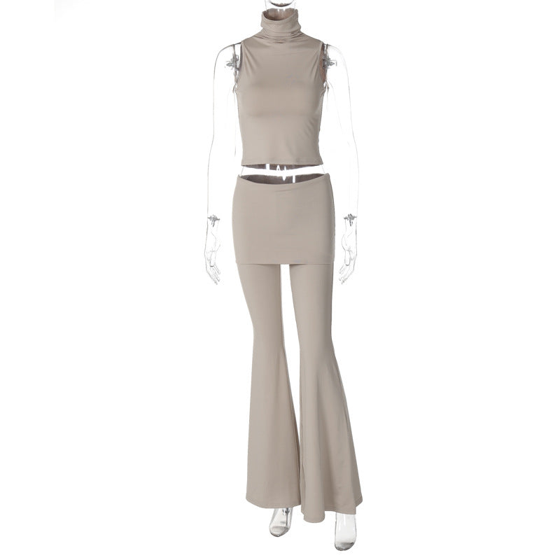 Women Clothing Summer Personalized Sleeveless Top Slim Fit High Waist Flared Pants Set Khaki