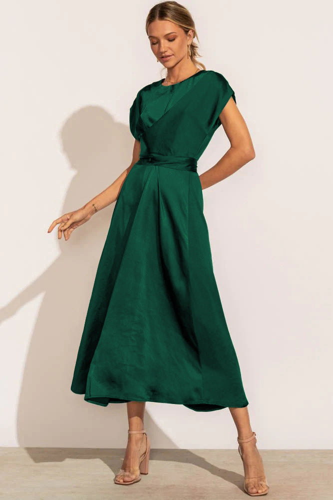 Direct Summer Women Clothing Lace up High Grade Satin Sleeveless Dress Elegant Light Footwear Dark Green