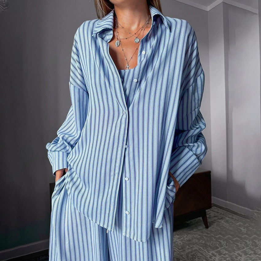 Autumn Blue Striped Printed Ladies Homewear Vest Cardigan Long Sleeve Pants Pajamas Three Piece Set Multi