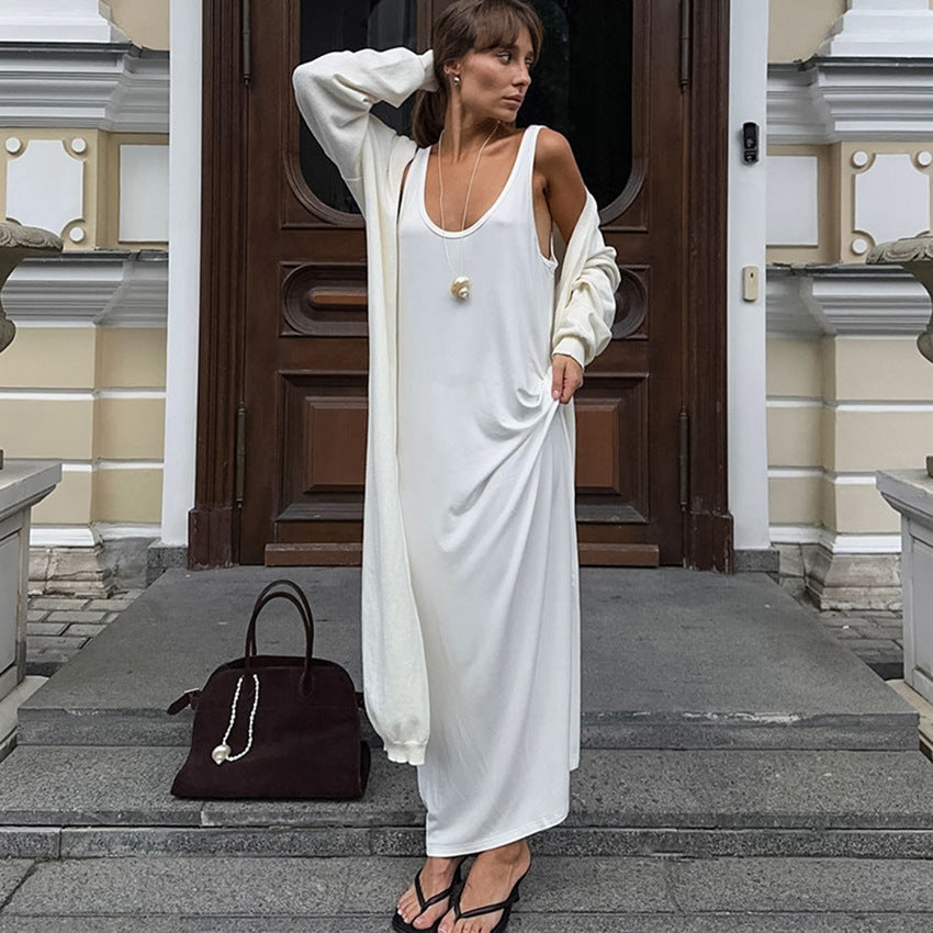 Fall Long Knitted White Sleeveless Nightdress Loose Knitted Soft Ladies Homewear Can Be Worn outside