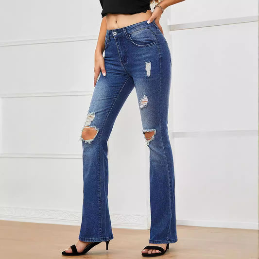 Popular Women Stretch Jeans Ripped Casual Flared Jeans