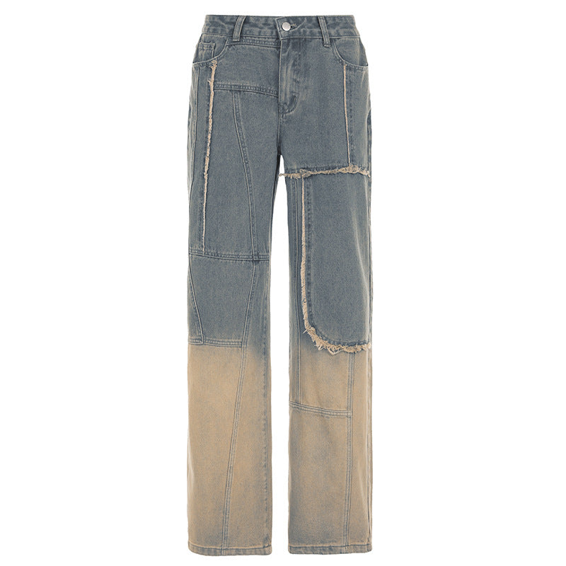 Personalized Street Gradient Frayed Washed Loose Jeans Autumn Winter High Waist Straight Casual Pants Blue