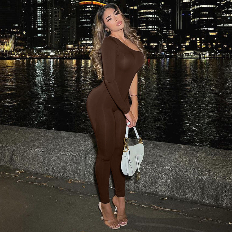 Women Clothing Shoulder Single Sleeve Solid Color Sexy Tight Hip Lift Feet Jumpsuit L Brown