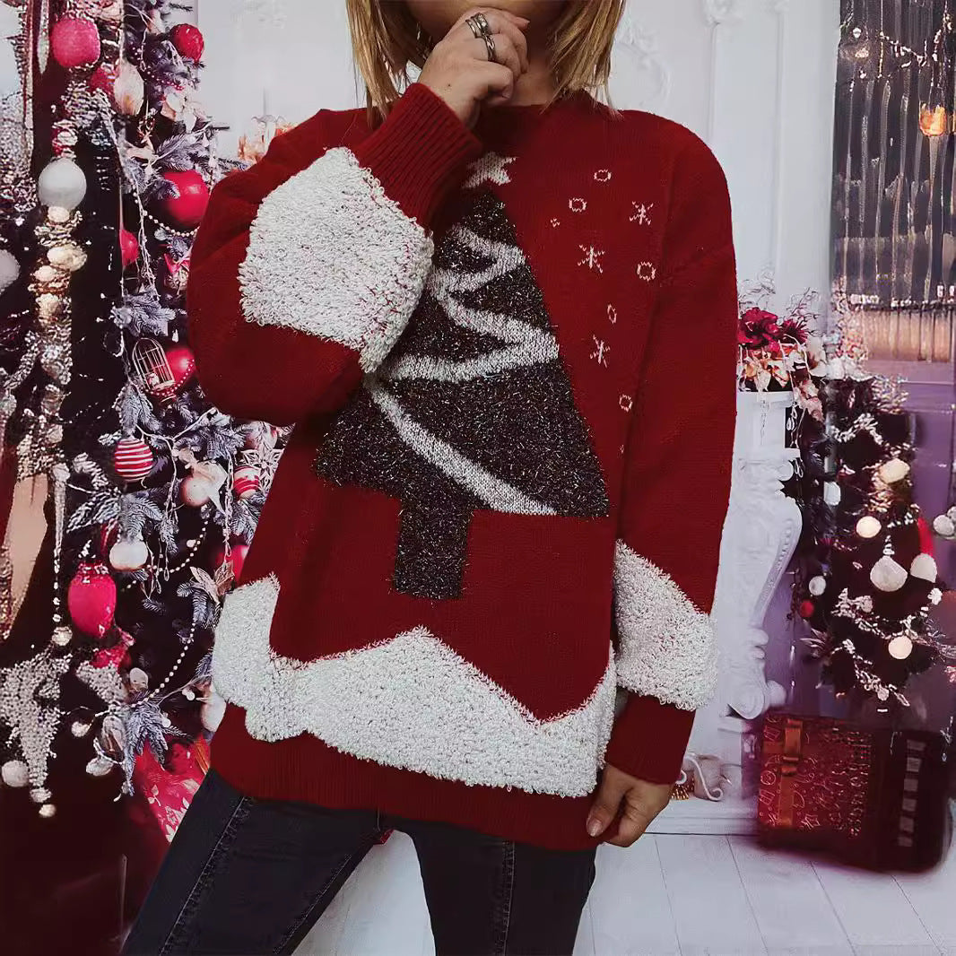 Autumn Winter Christmas Sweater Christmas Tree Gold Line Flocking round Neck Long Sleeve Loose Knitted Pullover Red