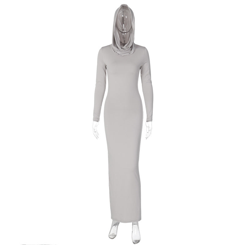 Women Clothing Summer Slim Fit Hood Back Slit Solid Color Dress Light Gray