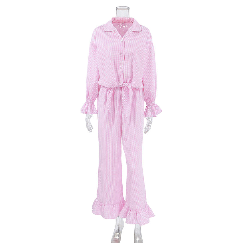 Fall Pink Plaid Retro Pajamas Ruffled Long Sleeved Cardigan Trousers Two Piece Home Wear Women Pink