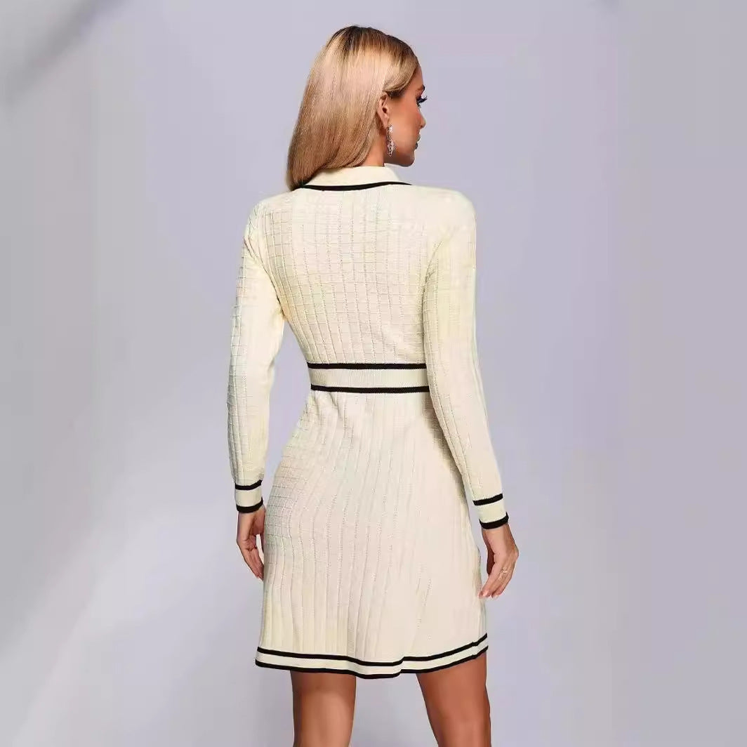 Long Sleeve Collared Knitted Classic Dress Button Contrast Color Slim Fit Short for Women