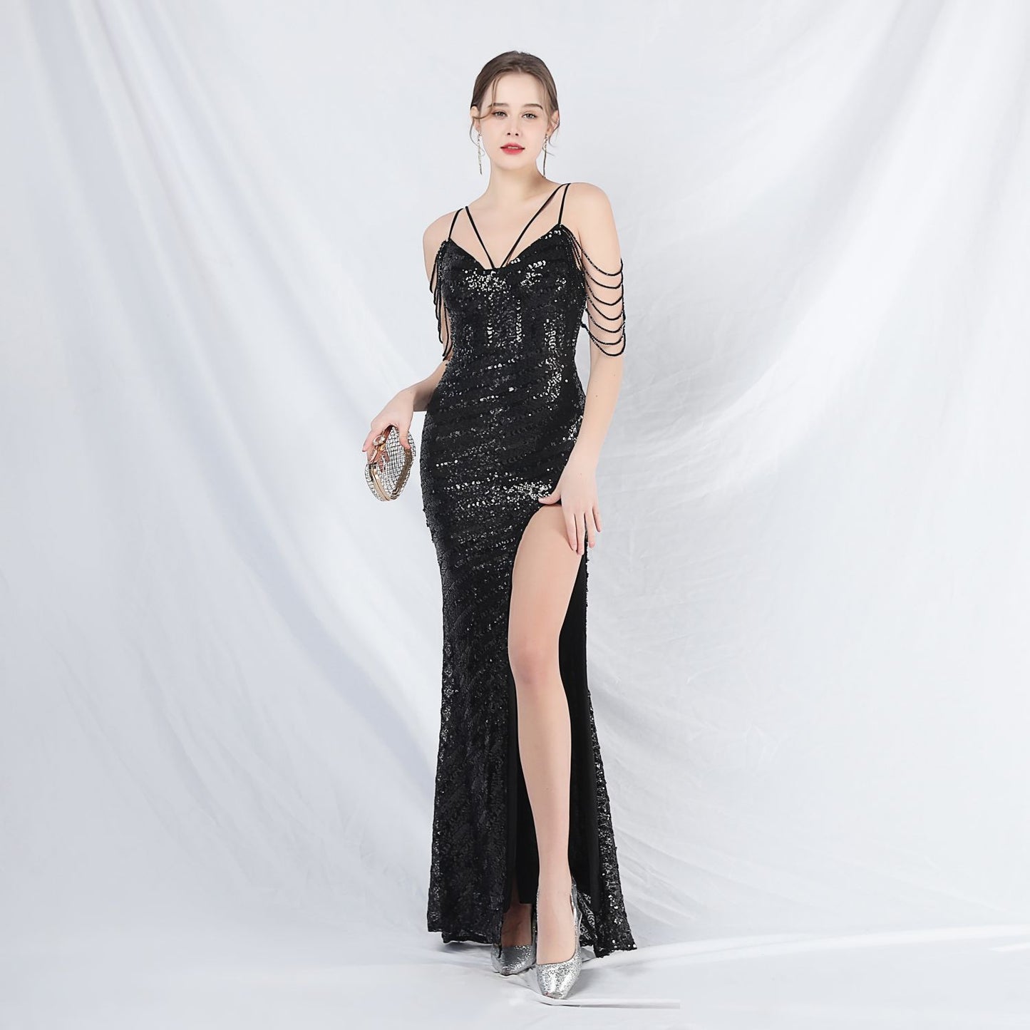 Craft Beaded Long Strap Evening Dress Black