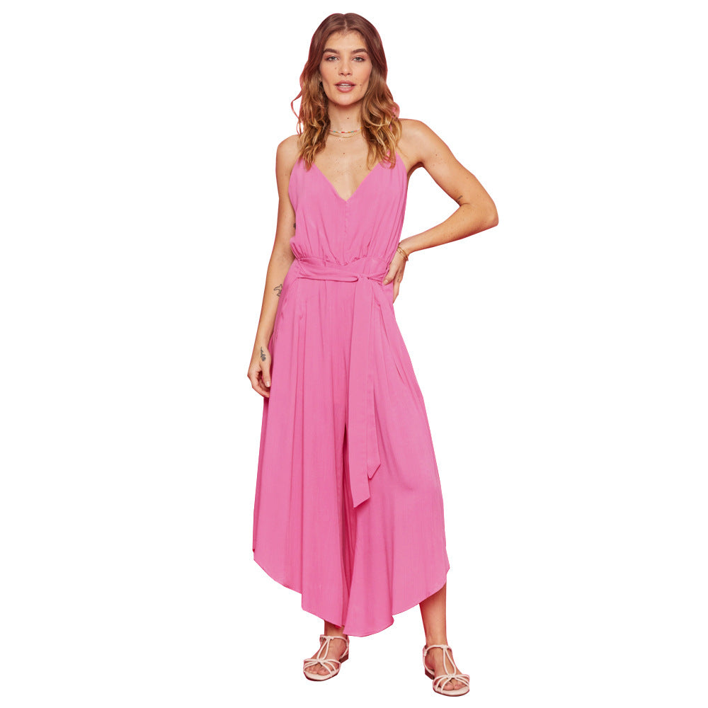 Chiffon V neck Waist Controlled Casual Lace up Irregular Asymmetric Jumpsuit Pink