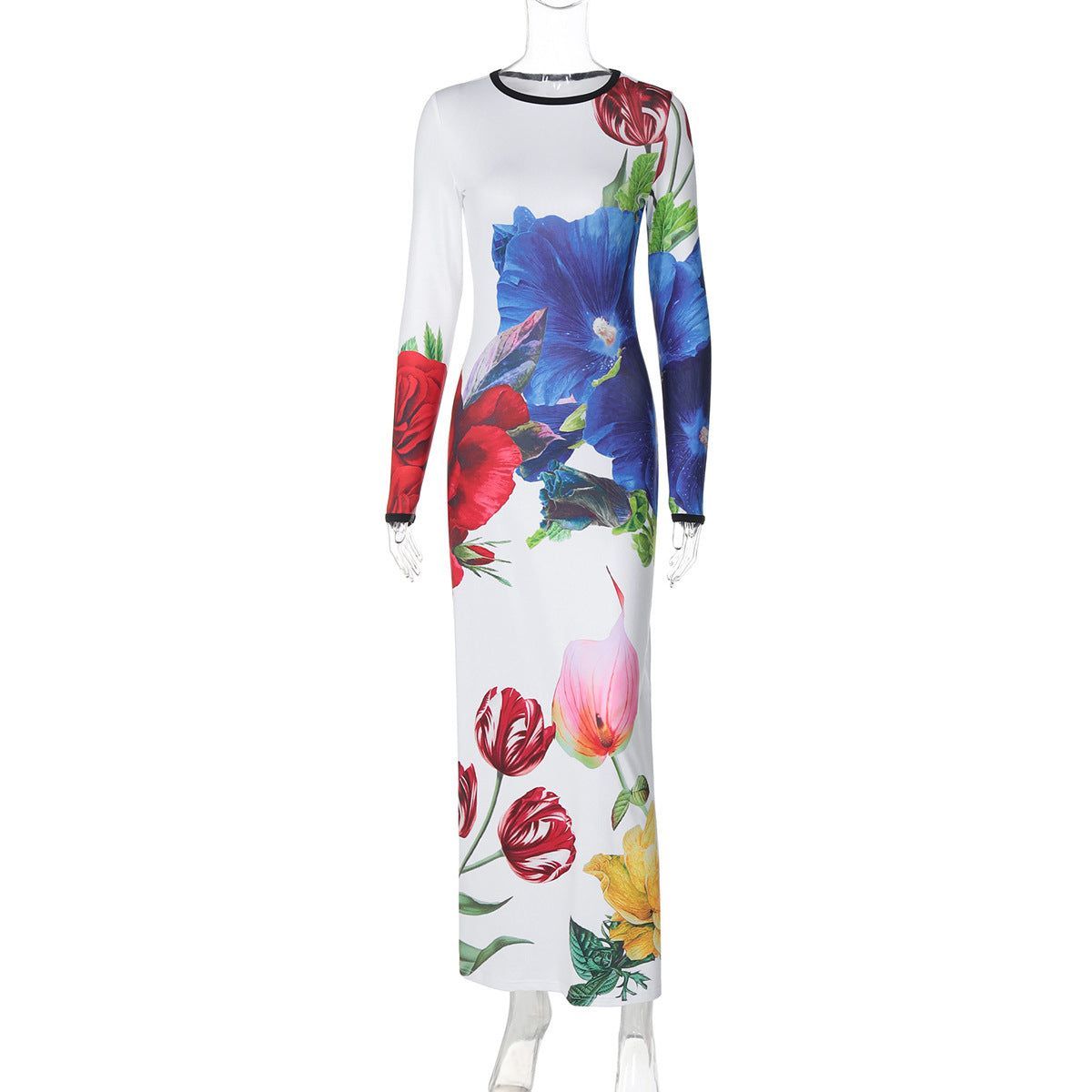 Women Autumn Round Neck Long Sleeve Printed Maxi Dress Dress Women White