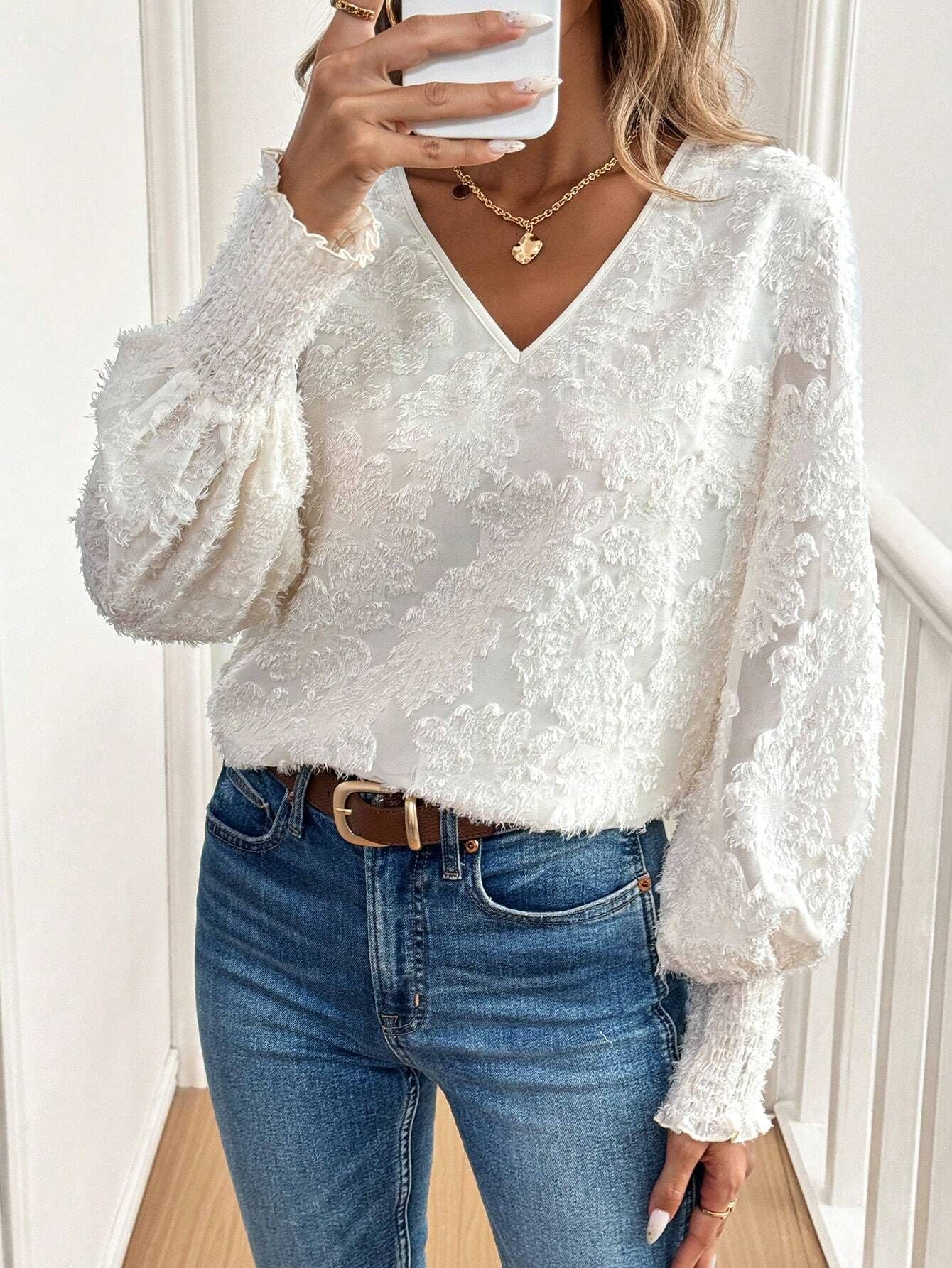 Autumn Winter Elegant Ladies V Neck Lantern Sleeve Embroidered Casual Romantic White Shirt Top White