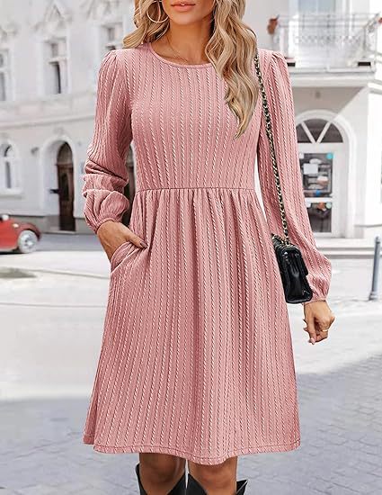 Women Clothing Round Neck Pocket Knitted Sweater Long Sleeve A Line Dress Pink