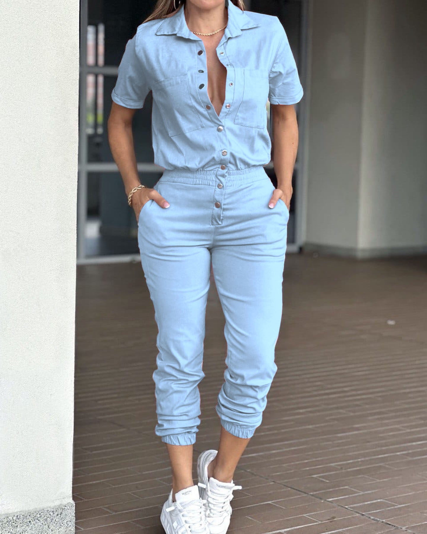 Casual Women Ankle Tied Jumpsuit Collared Pocket Waist Elastic Button Jumpsuit Light Blue