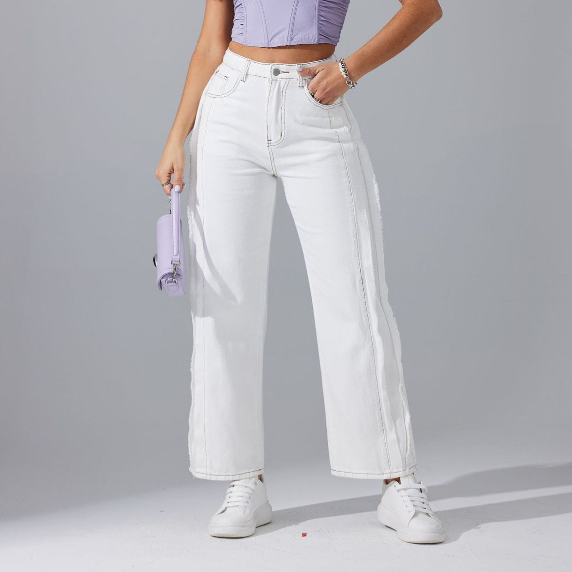 High Waist Raw Hem Straight White Jeans Spring Casual Office Loose Slimming Fashionable Design Pants