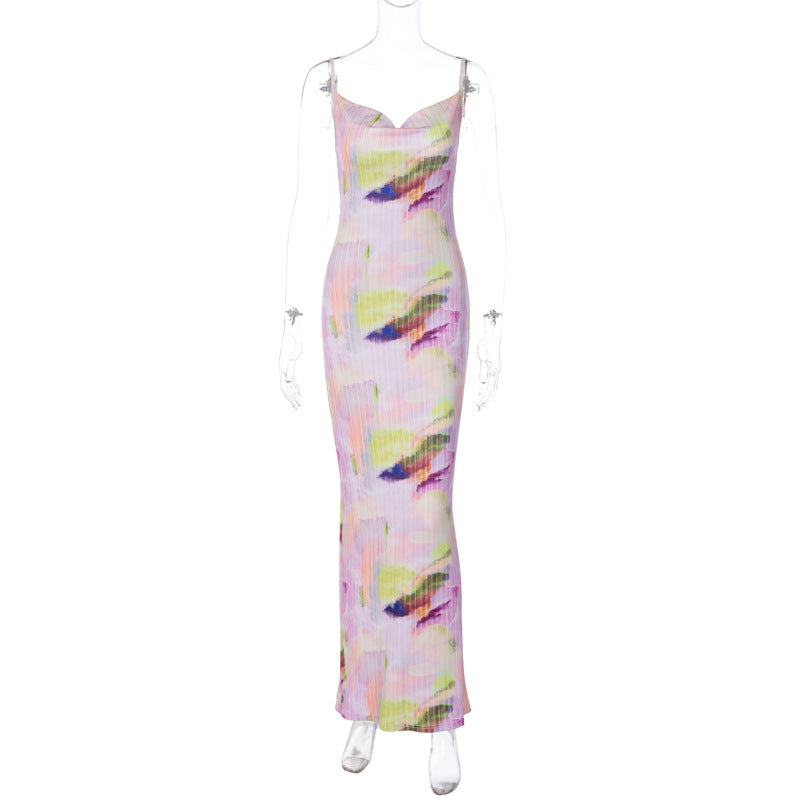 Women Clothing Summer Printed Elegant Slim Backless Strap Dress Multi