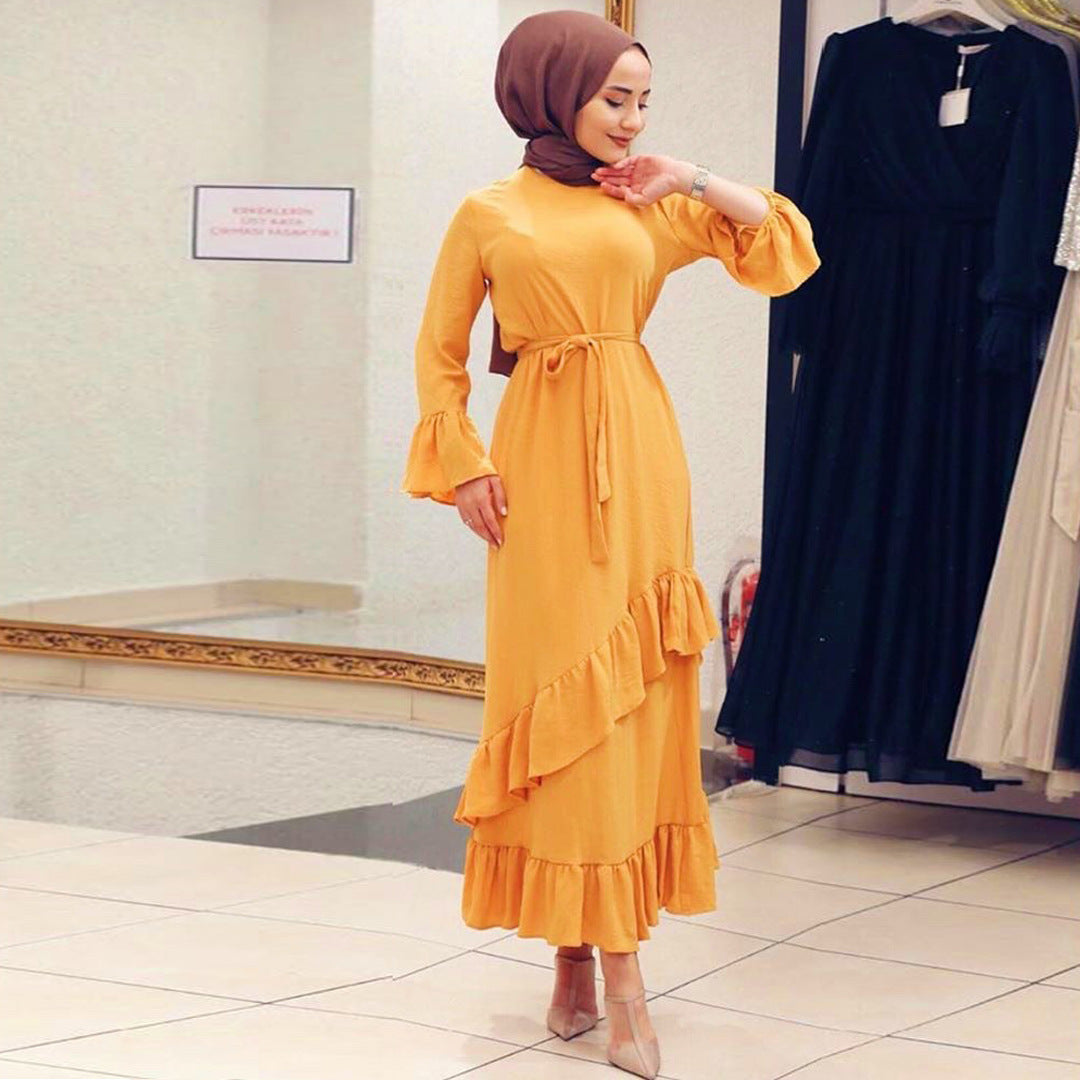 Women Muslim Ethnic Maxi Dress Ruffled Patchwork Flared Sleeves Dress