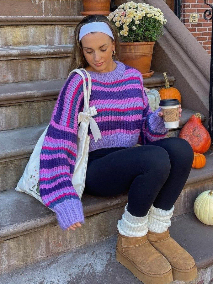 Autumn Winter Striped Sweater Sweater round Neck Long Sleeve Loose Casual Pullover Sweater Top Purple