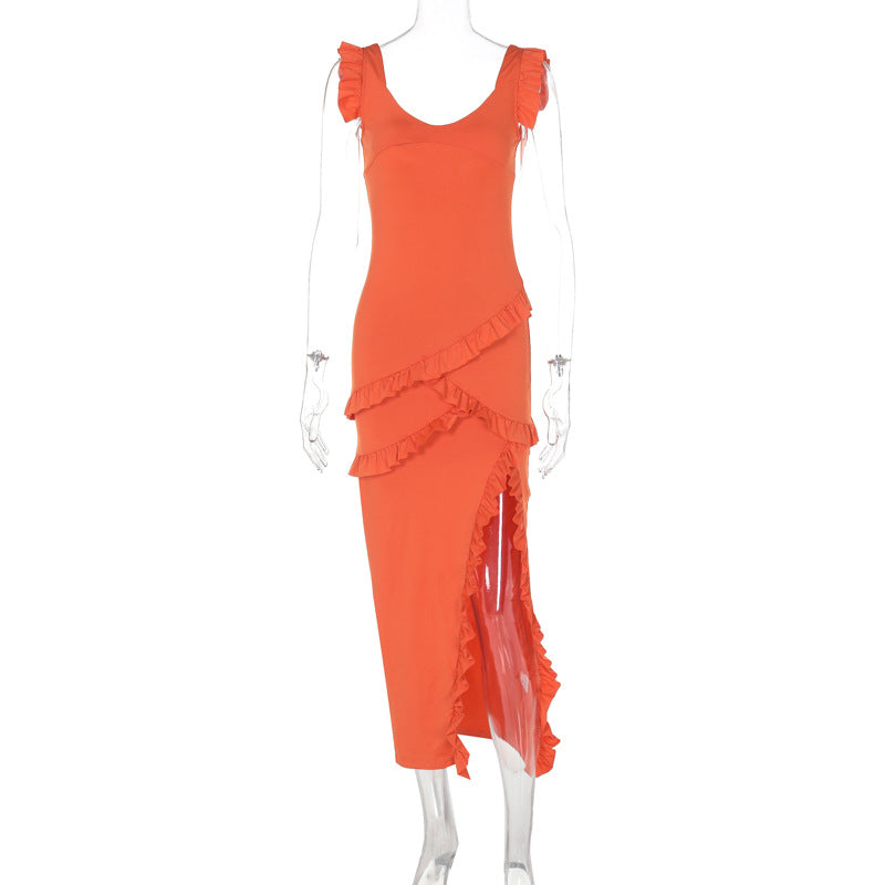 Summer Dress U Collar Wooden Ear Slim Fit Backless Dress Women Orange