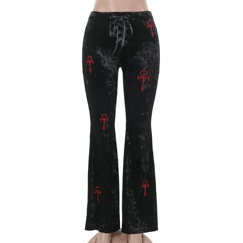 Autumn Halloween Casual All Matching Slim Fit Cross Embroidered Bell Bottom Pants Women Black