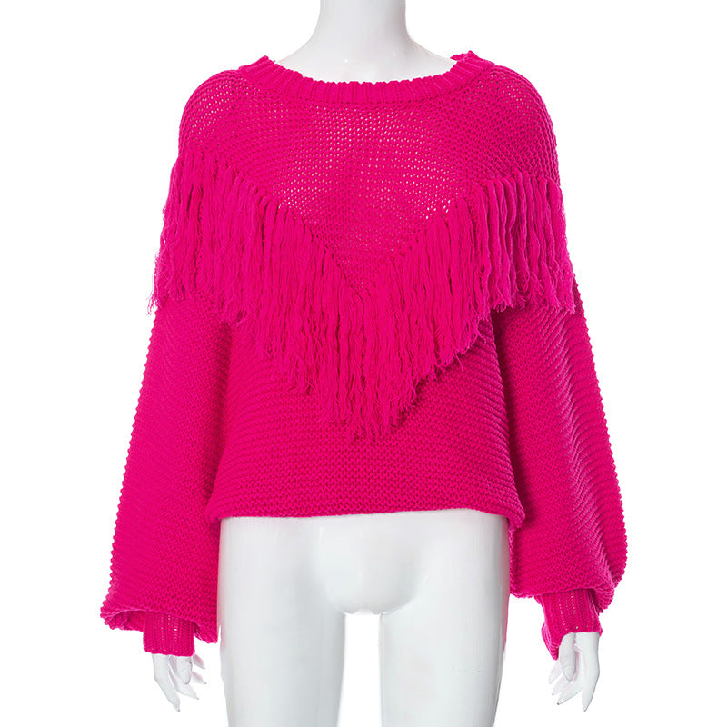 Women Clothing Autumn Winter Loose Fitting Long Sleeves Tassel Knitted Top Pink