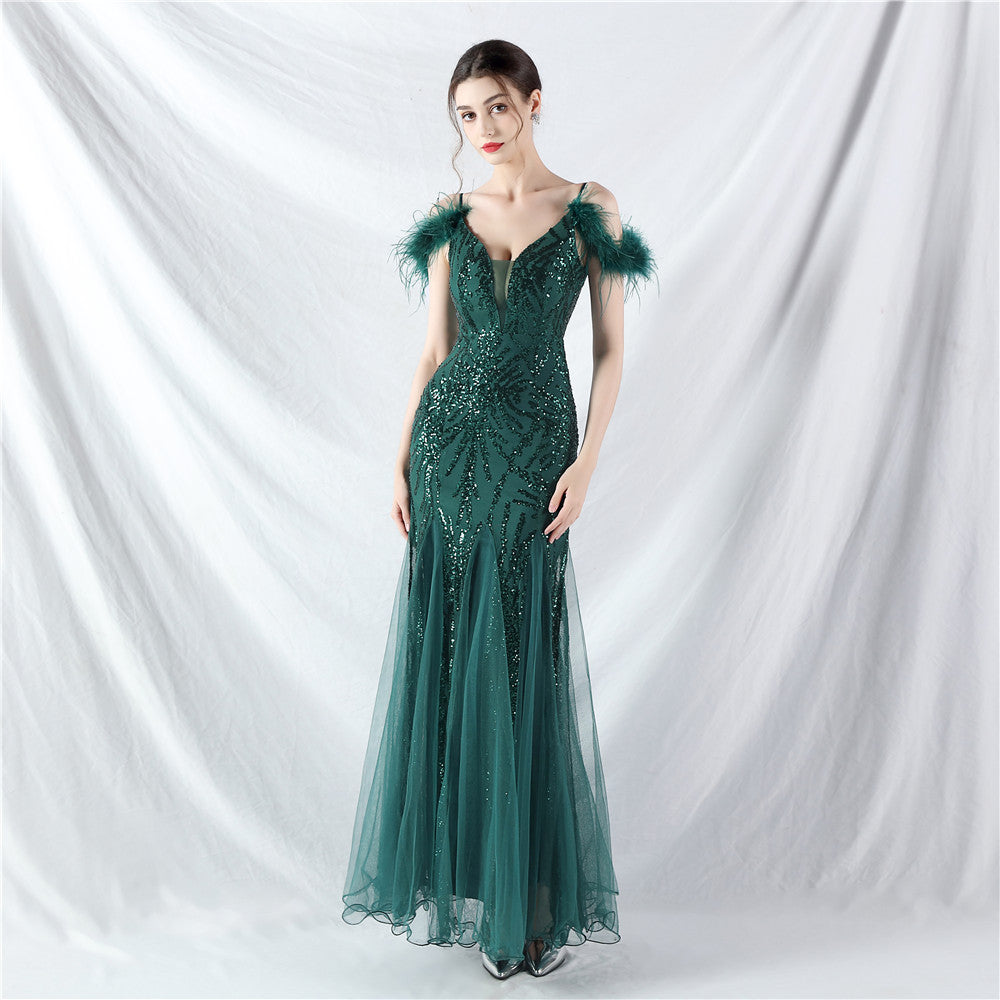 Color Craft Order Ostrich Feather Mesh Sequin Sexy Sling Dress Evening Dress blackish green