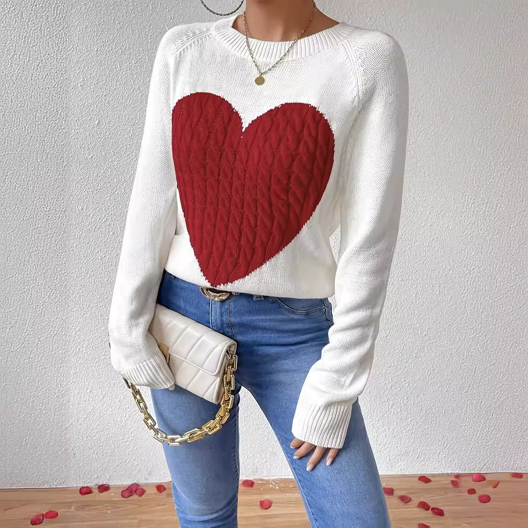 Autumn Winter Cute Love Pattern round Neck Pullover Knitted Sweater