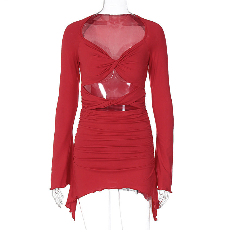 Sexy Tube Top Dress Autumn Long Sleeve Wavy Edge Hollow Out Cutout Pleated Hip Dress for Women Red