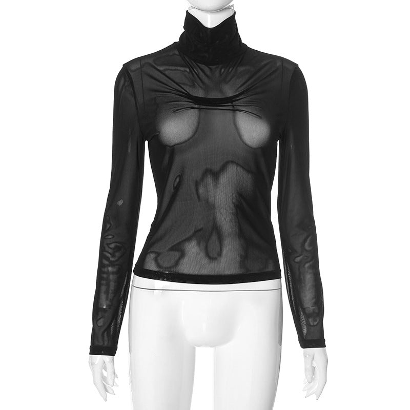 Turtleneck Long Sleeve Micro Transparent Online Solid Color T shirt Top Women Clothing Black