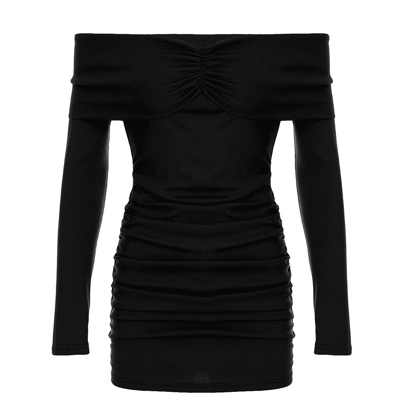 Women Clothing Spring Autumn Pleated Sexy off the Shoulder Sexy Long Sleeve Slim Sheath Short Dress Black