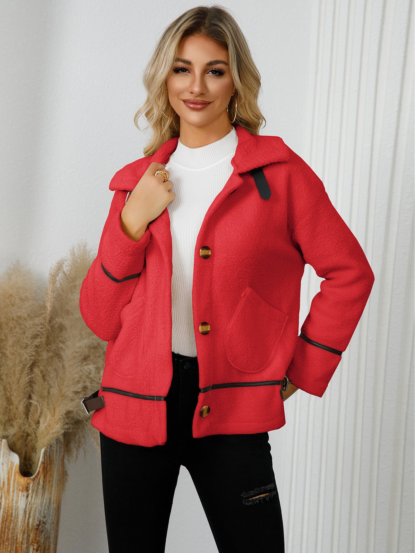 Women Clothing Polo Collar Cardigan With Buttons Lambswool Wool Coat Short Warm Jacket Red