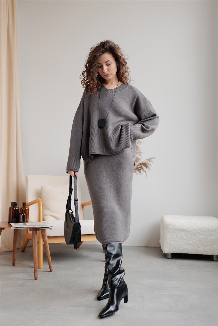 Autumn Winter V neck Split Sweater Top Skirt Knitted Skirt Set Real Shot One Size Gray