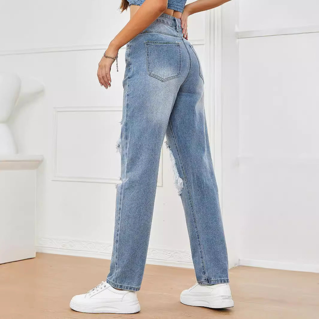 Women Clothing Popular Pants Ripped High Waist Casual Jeans