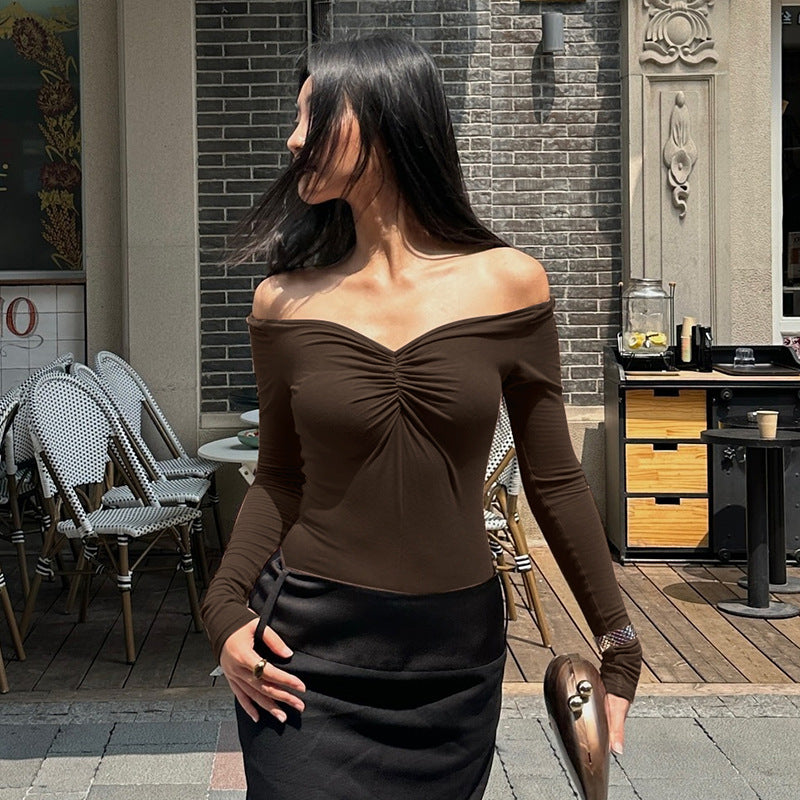 Women Clothing Pure Sexy Autumn off Neck Slim Pleated Long Sleeve Bottoming Shirt Top