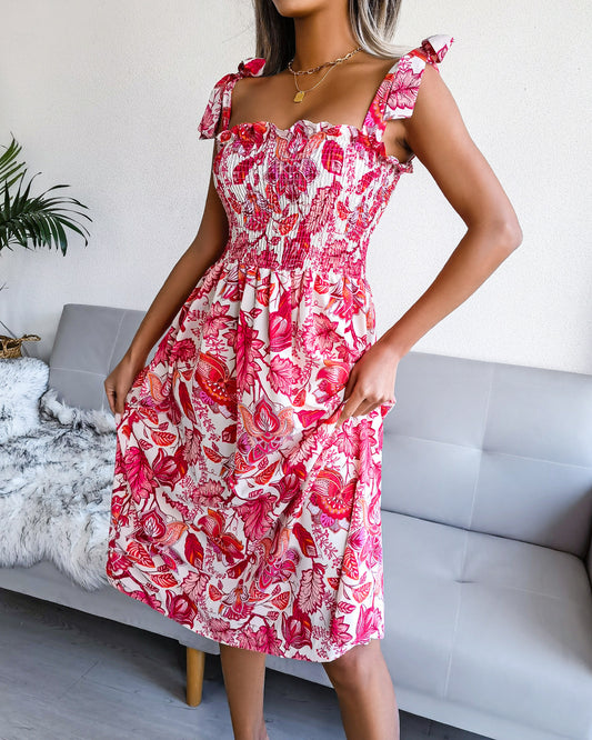 Sundress Spring Summer Sleeveless Strap Printing Midi Dress Holiday Dress Women Clothing