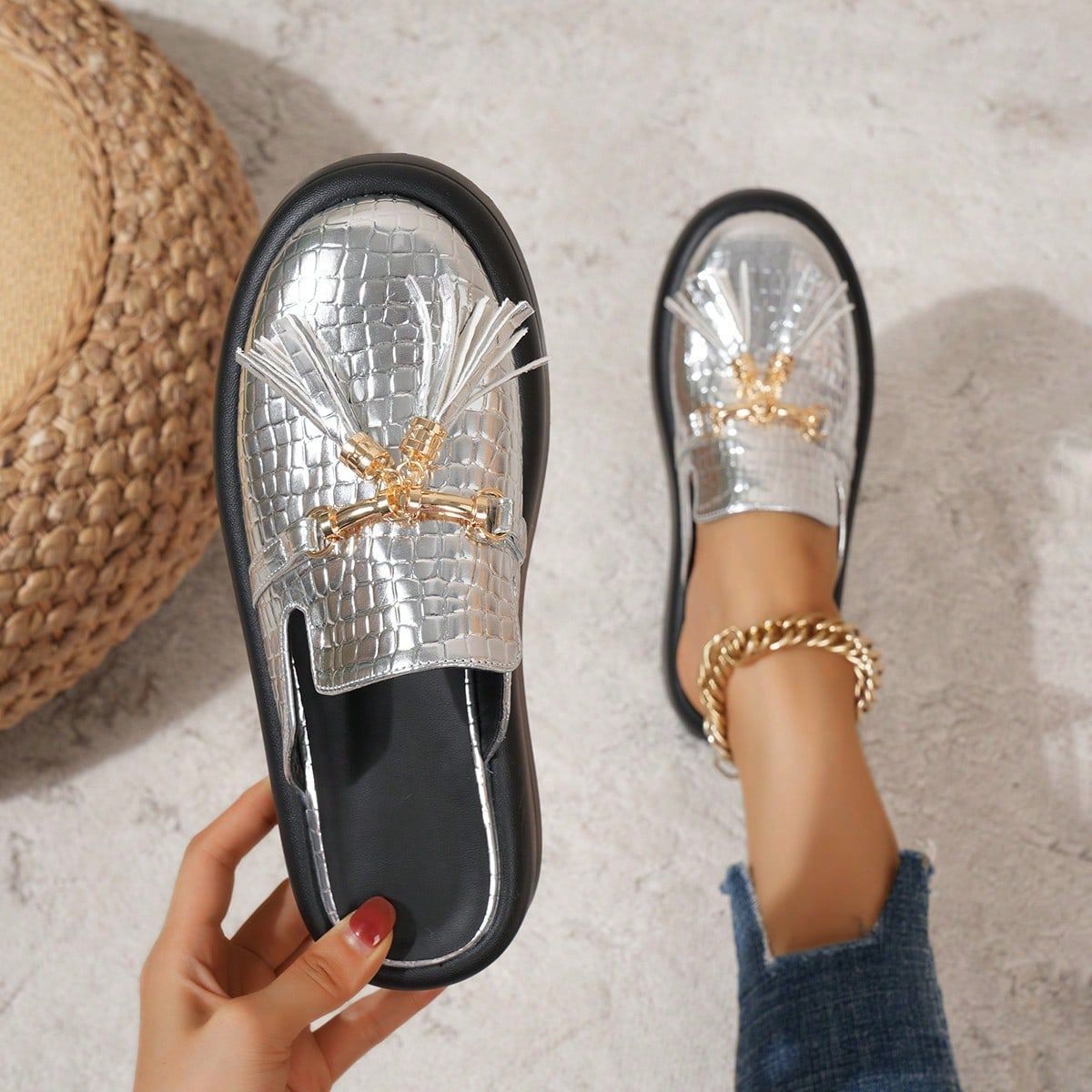 Thick Bottom Metal Buckle Muller Half Slippers Spring Autumn plus Size Stone Pattern Sandals Women Silver