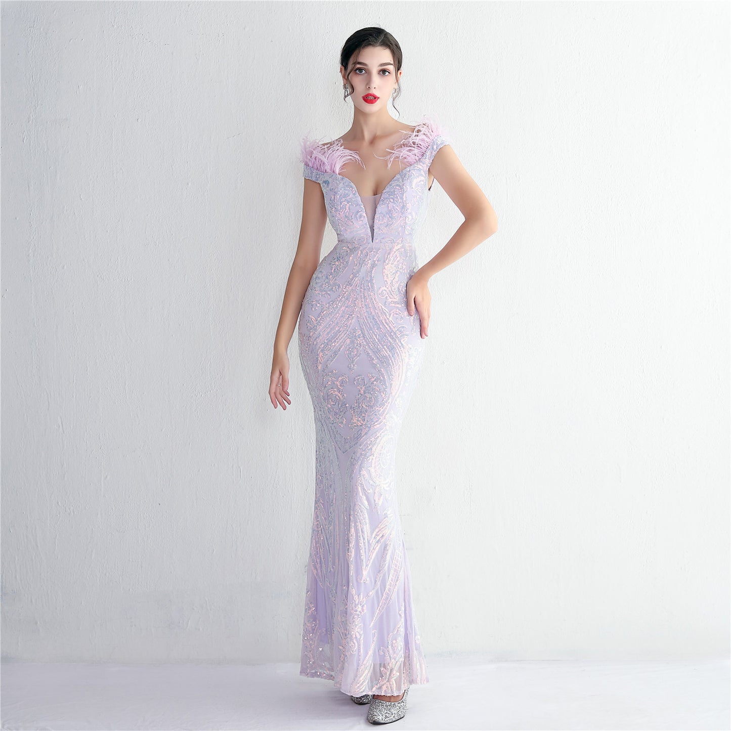 High Density Three Dimensional Strong Sequin Positioning Floral Craft Handmade Wool Cocktail Slim Fit Sexy Evening Dress Light Lavander